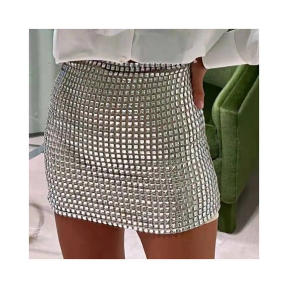 Silver Sequin Mini Skirt High Rise Clubwear Dancewear Stretchy Sizes S M L - Picture 2 of 13